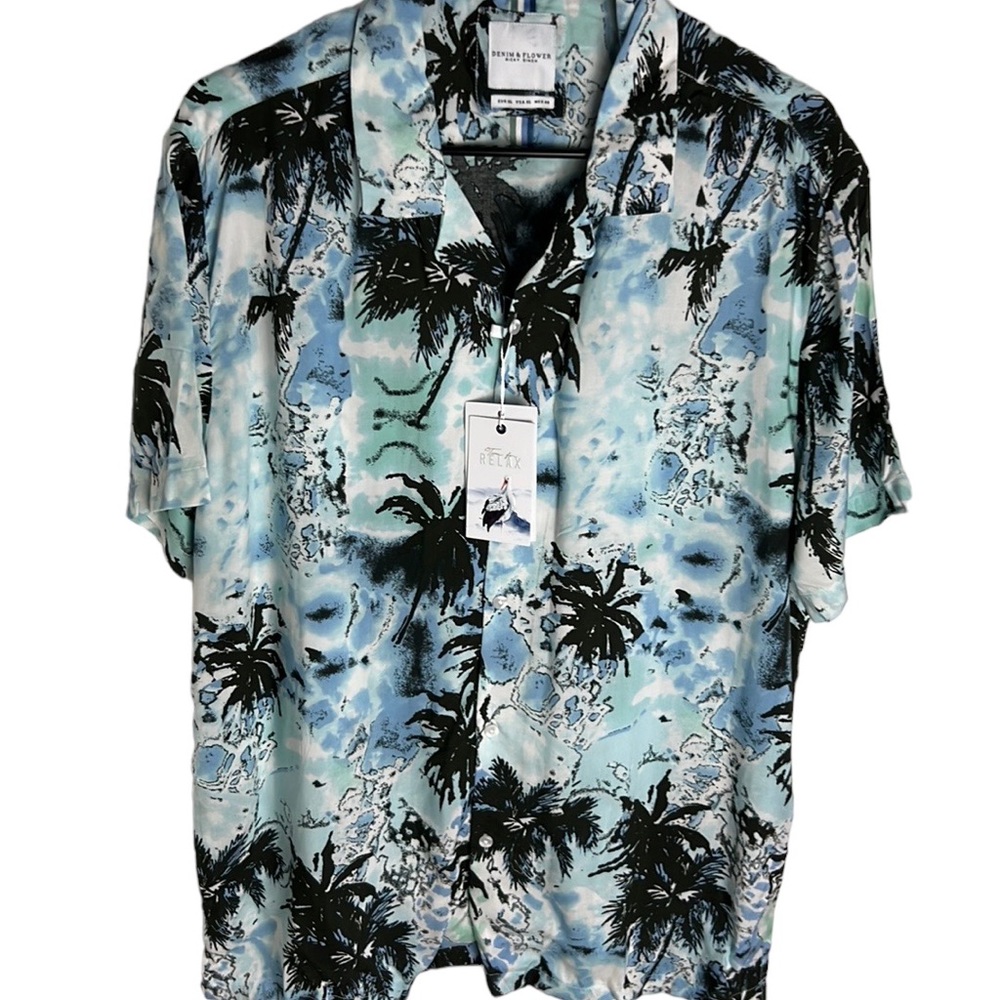 Denim & Flower Blue Palm Tree Button Up Shirt Mens Size XL